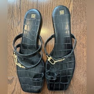Toteme Black Croc-Embossed Leather Slide Sandals with Gold Hardware